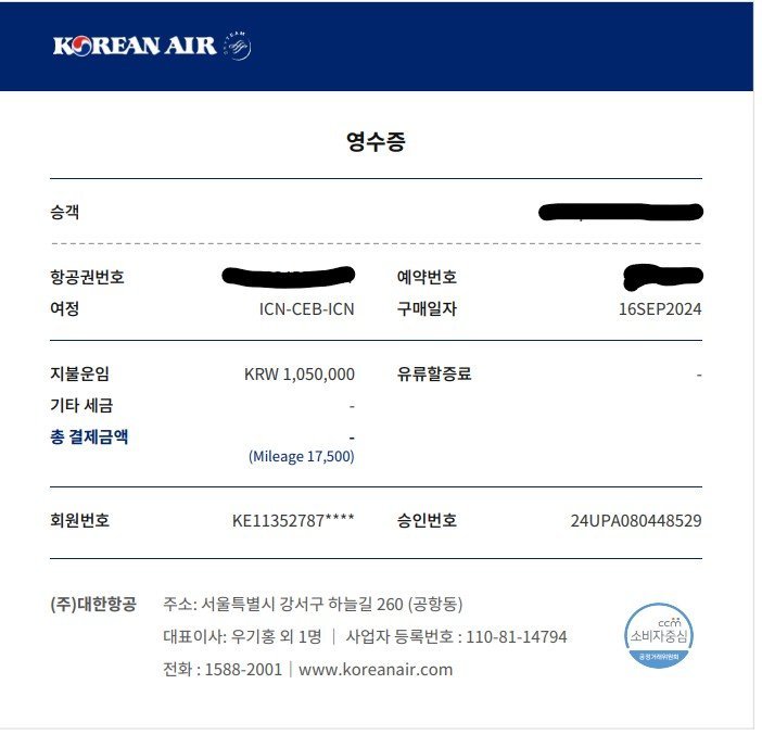 대한항공 결제금액 영수증-세부 영어캠프 항공권